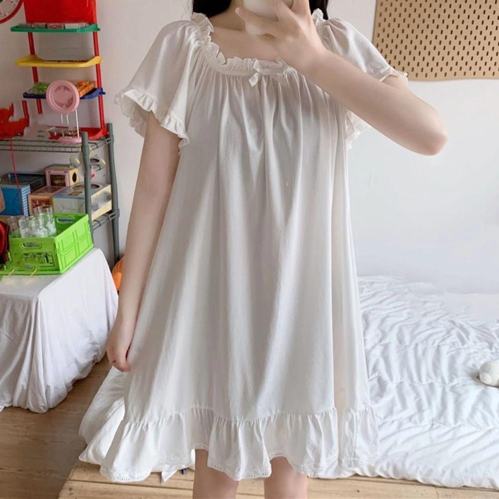 Loose Ruffle Nightdress Short Sleeve Princess Nightgown Sweet Women's Pajama Dress  Girls