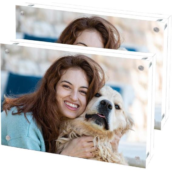 Acrylic Picture Frame 4x6, Double Sided Photo Frames for Refrigerator with Magnetic Corners, Transparent Acrylic Frame for Desk or Tabletop Display
