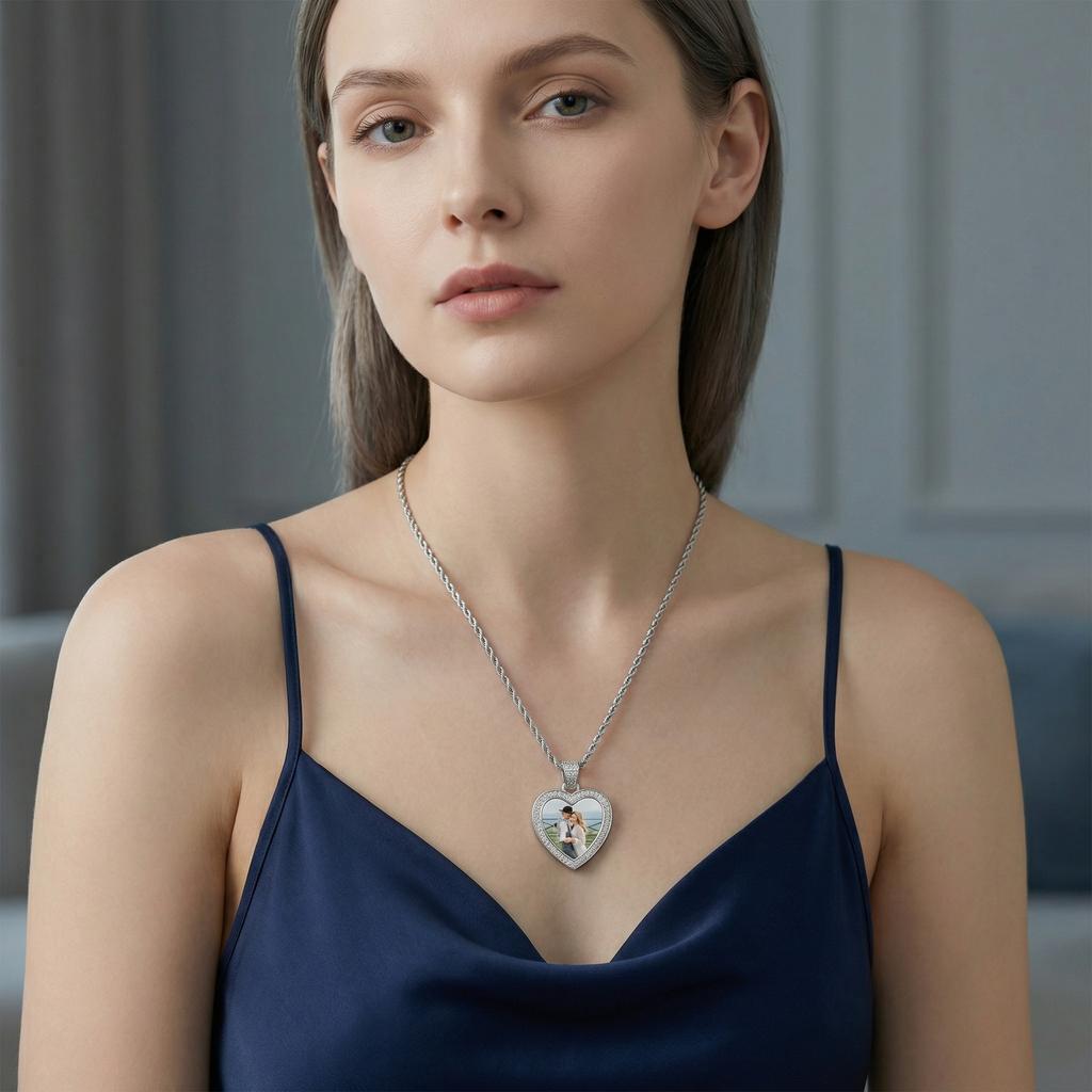 Picture Photo Necklace, Personalized  Zirconia Heart Pendant Jewelry Customized Gifts for Women