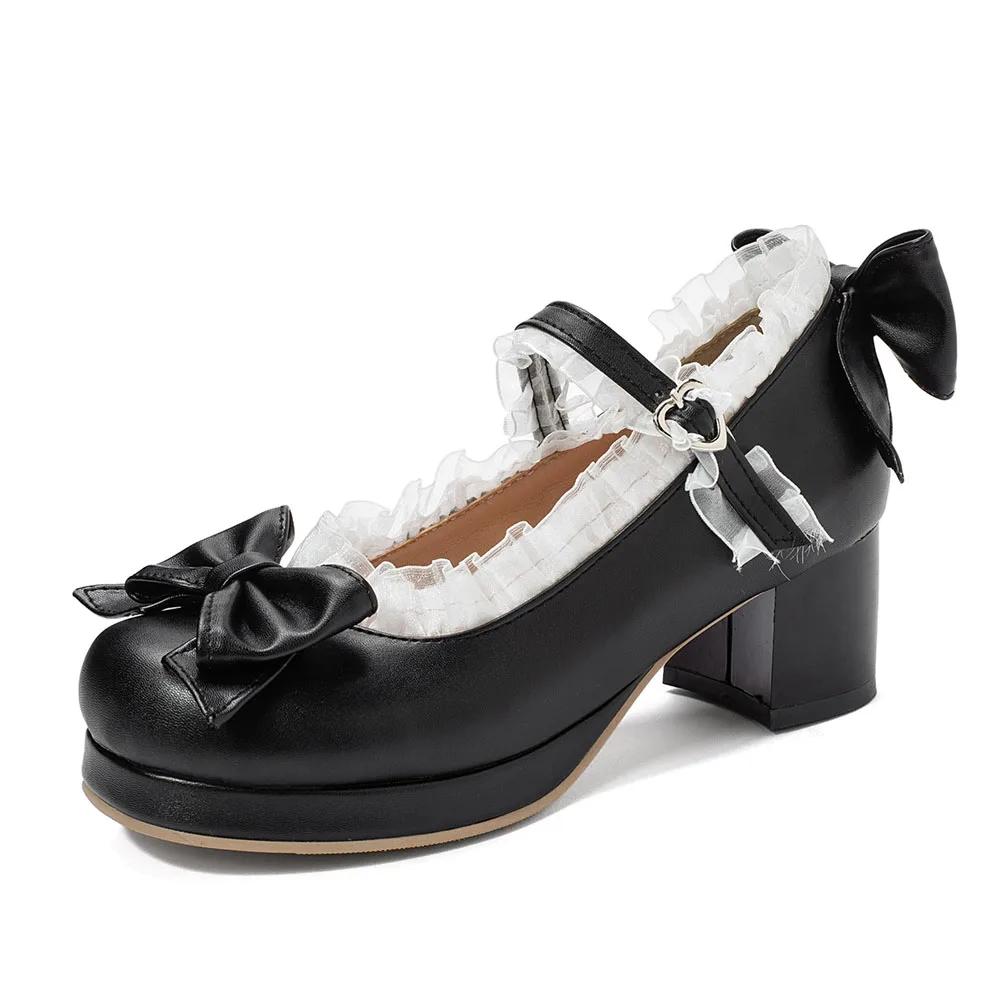 2025 Übergröße 43 Damen Bonbonfarben Mary Janes Pumps Schleife Rüschen Schwarz Rosa Plateau Süße Blockabsätze Lolita Schuhe