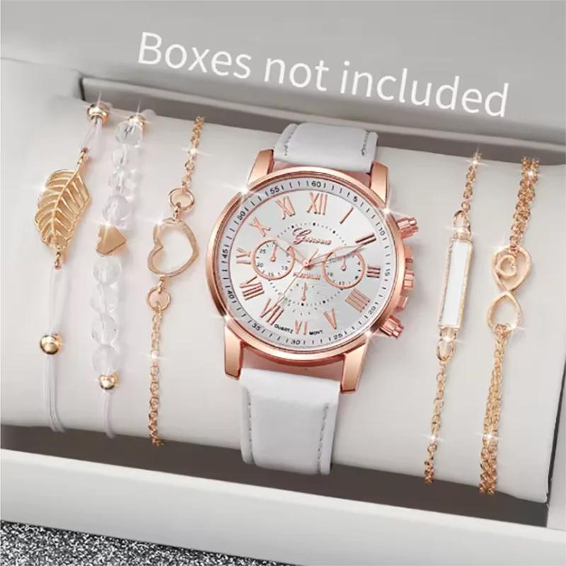 

6 шт./набор Женские часы Модные часы с римским циферблатом Кварцевые часы Набор браслетов (Без коробки)