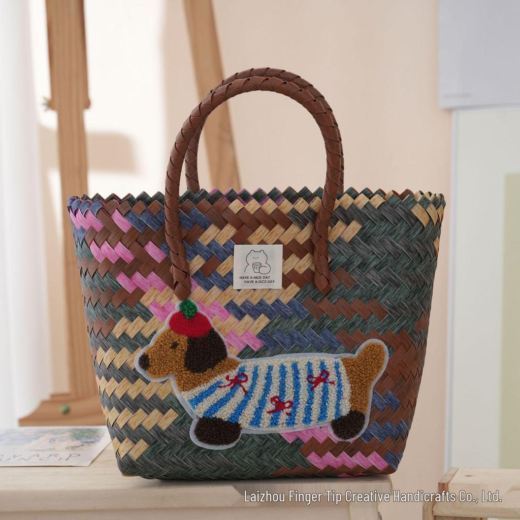 Handmade Dachshund Cartoon Rattan Tote: Woven Vegetable Basket for Work & Commute