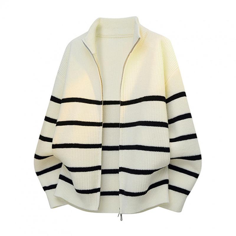 

European Plus Size Striped Woolen Cardigan for Men - Trendy Business Sweater S EU Size білий