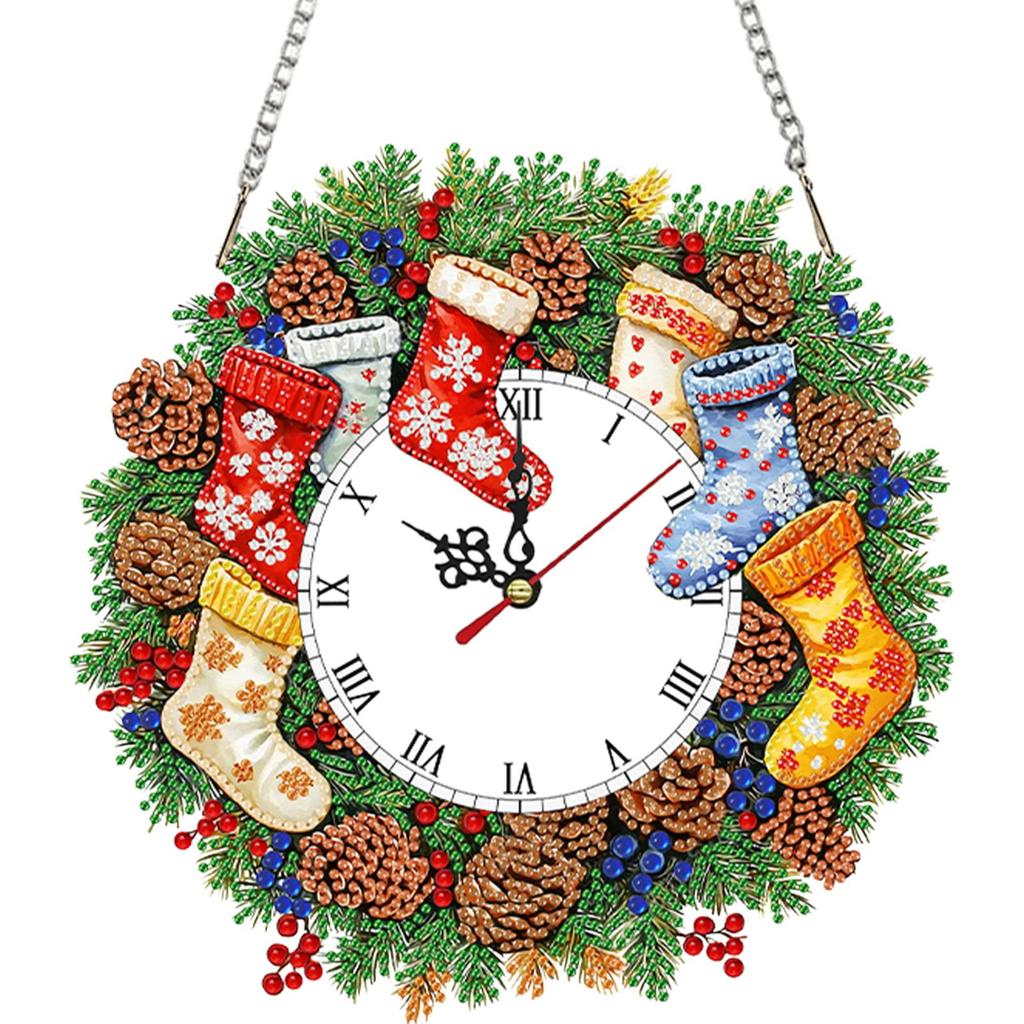 2D/Flat DIY Christmas Acrylic Diamond Painting Ornament with Clock Function Diamond Painting Clock Pendant for Home Decoration