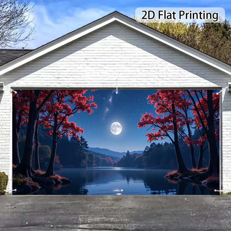 

2D Autumn Night Moon Lake Photography Background Cloth for Garage Door Decor 47.2x31.5inch/120*80cm