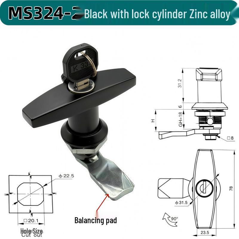 MS324 Zinc Alloy T/L-Type Handle Lock for Air Purifier Door and Industrial Equipment