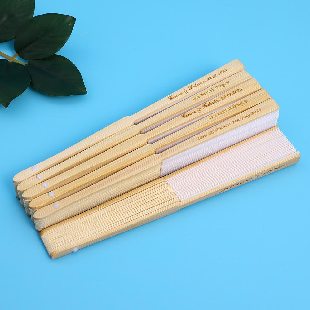 20/70 PCS Personalized Engraved White Folding Elegant Silk Hand Fan with Gift Bag Wedding Favors