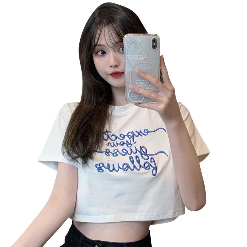 Summer 2024 Korean Style Letter Embroidered Cropped Slim Fit T-Shirt for Women