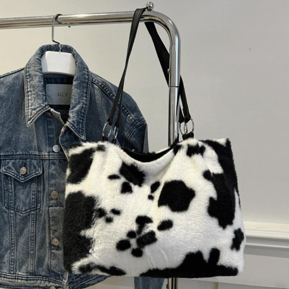 Large Capacity Plush Tote Bag Versatile Underarm Bag Gift Cow Print Shoulder Bag  Travel
