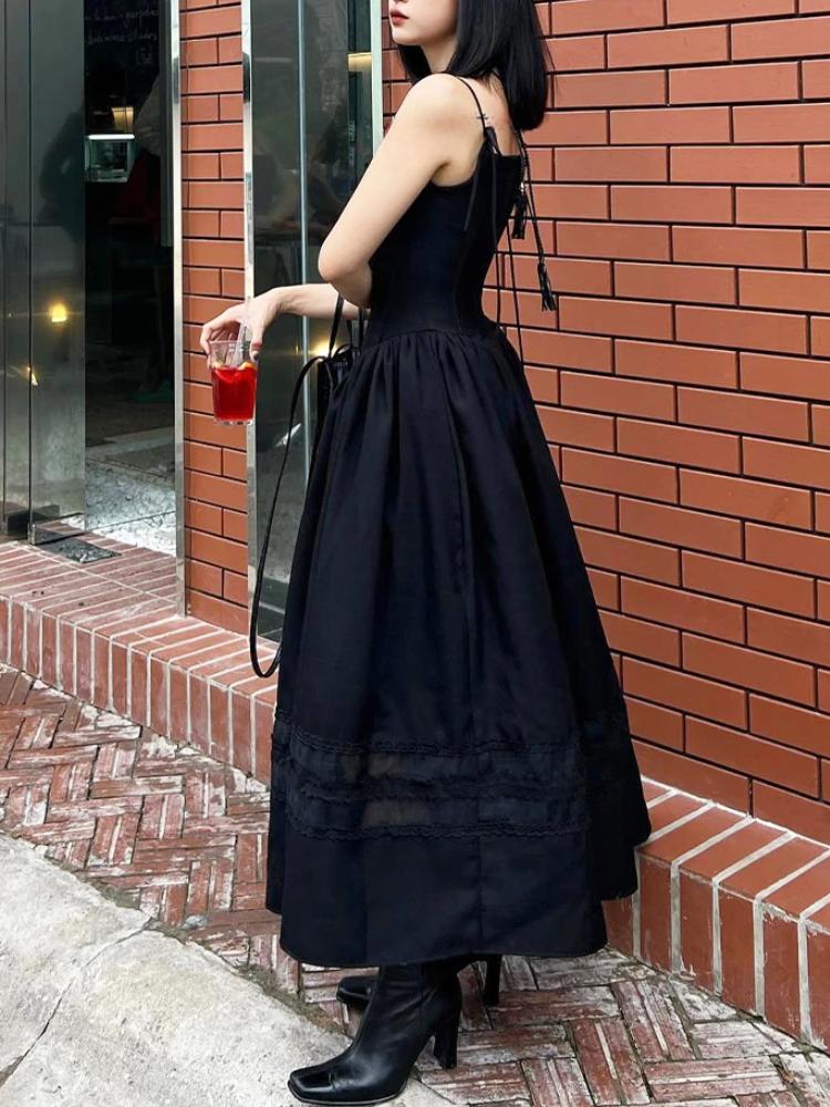 Summer Casual Solid Lace Dress Trim A-Line Long Dress Slim Slash Neck Sleeveless Maxi Dresses for Women Fashion Ladies