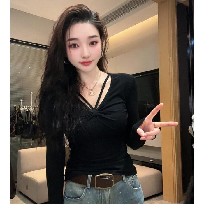 Women s V-Neck Knot Long-Sleeve Slimming Pullover Top M чёрный