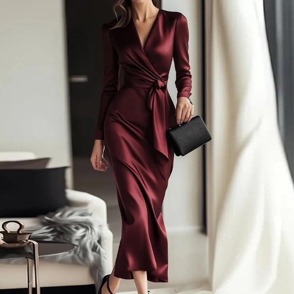 Robe Élégante et Gracieuse pour Femme - Manches Longues, Couleur Unie, Taille Nouée