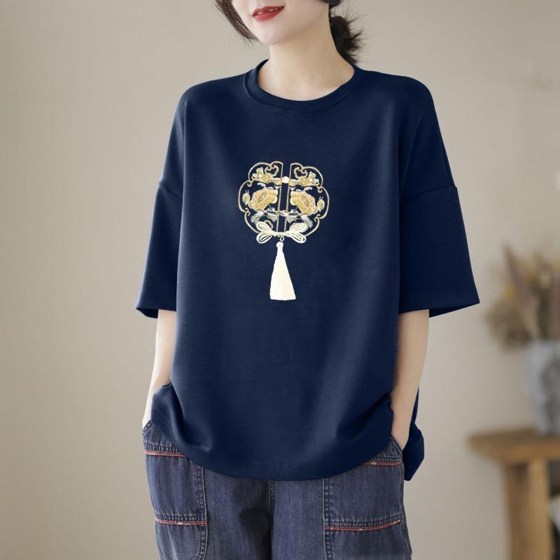 Women's Chinese Knot Embroidery Drop Shoulder T-Shirt