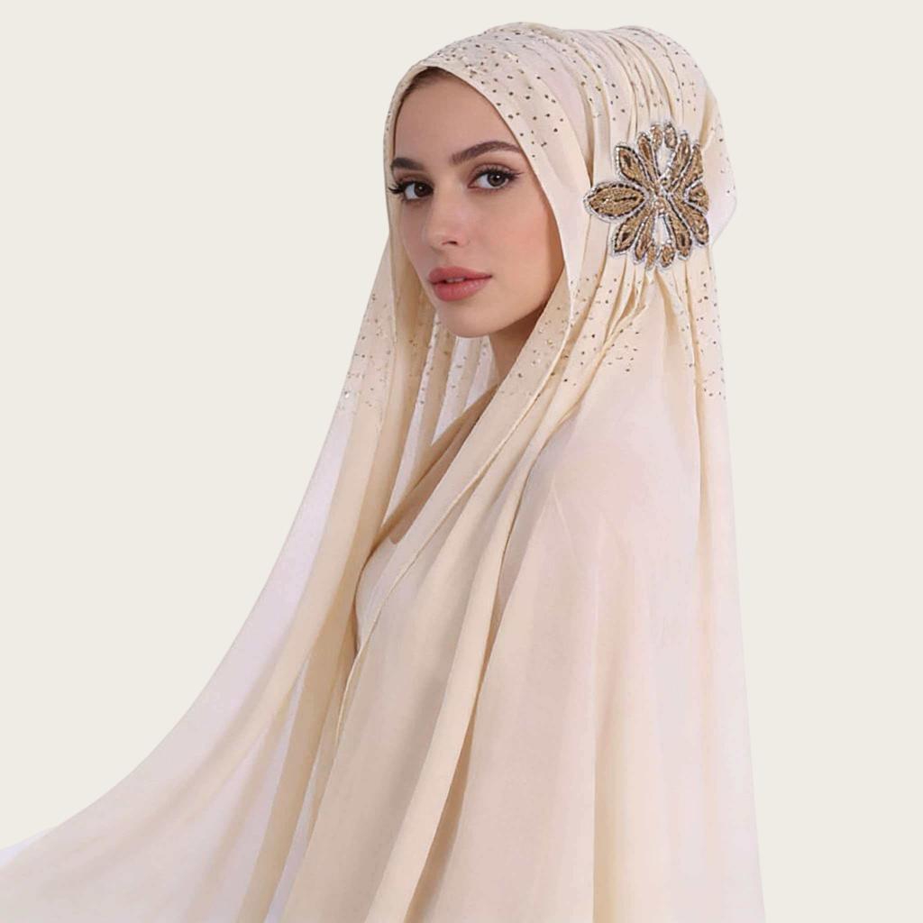 Luxury Rhinestone Chiffon Hijab Scarf Women Muslim Crystal Diamond Headscarf White Wedding Shawl Embroidered Beaded Turban Wrap