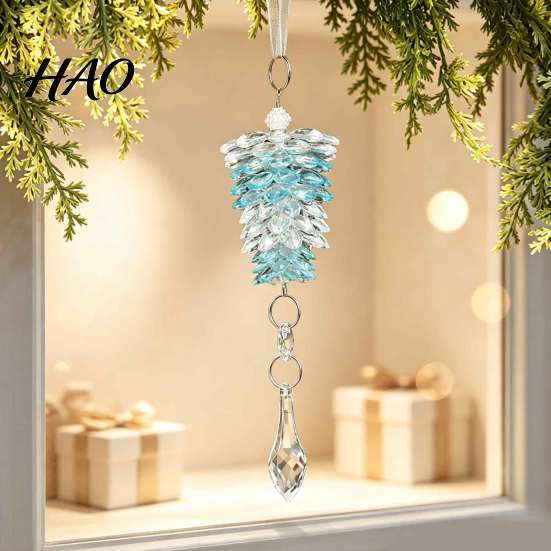 Christmas Garland Decor Acrylic Pine Cone Pendant with Faux Crystal Drop, Tree Elegant Hanging Xmas Baubles Ornaments, Transparent Gradient