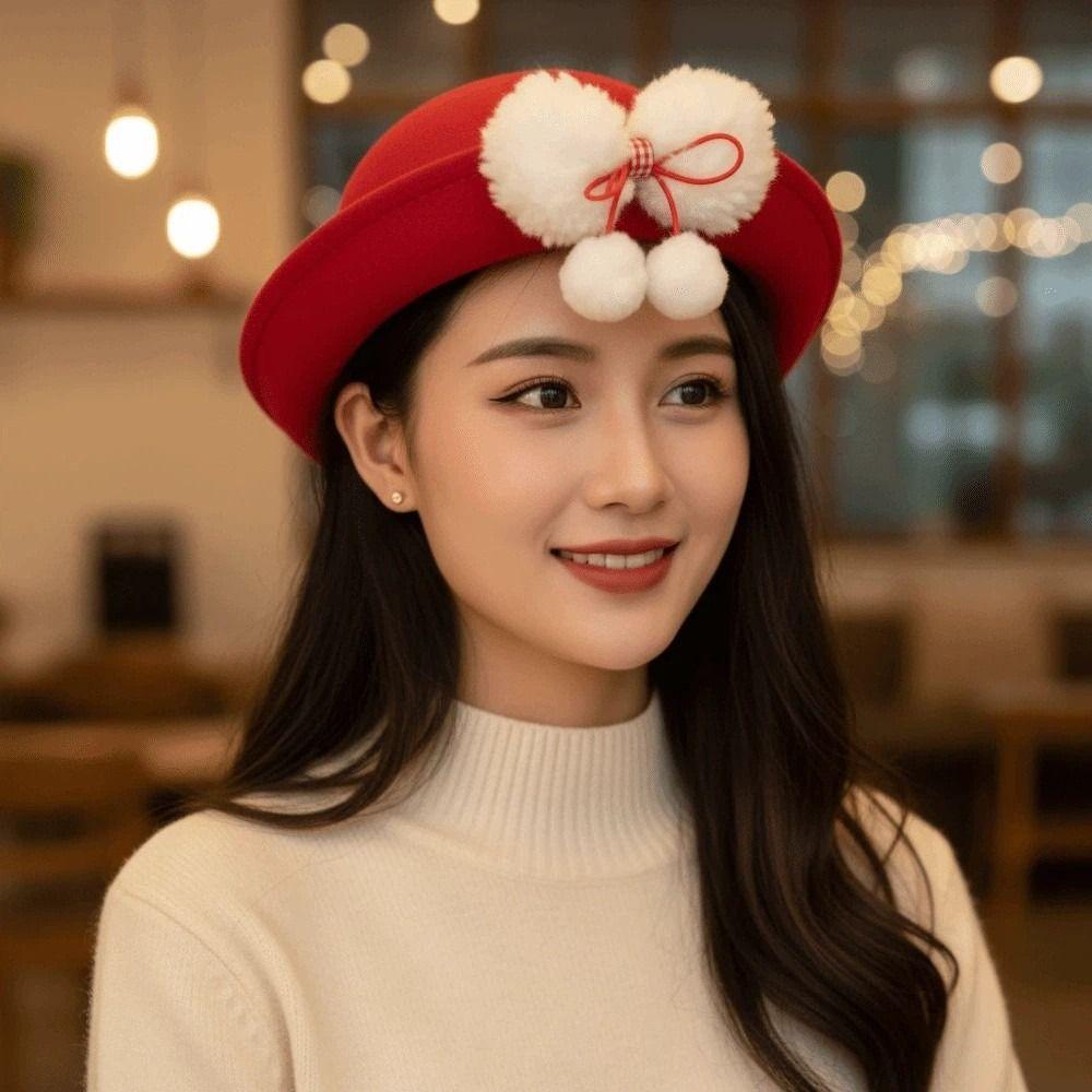 Vintage Looking Red Bowler Hats Japanese Style Girls Dome Hat Basin Hat Woolen Bucket Cap  Winter