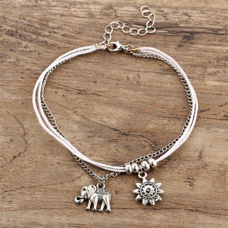Bohemian Alloy Elephant & Sun Leather Chain Anklet with Beads