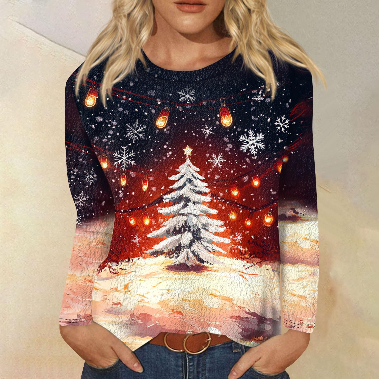 

Женская модная повседневная фланелевая футболка с длинным рукавом и круглым вырезом с рождественским принтом XL жёлтый