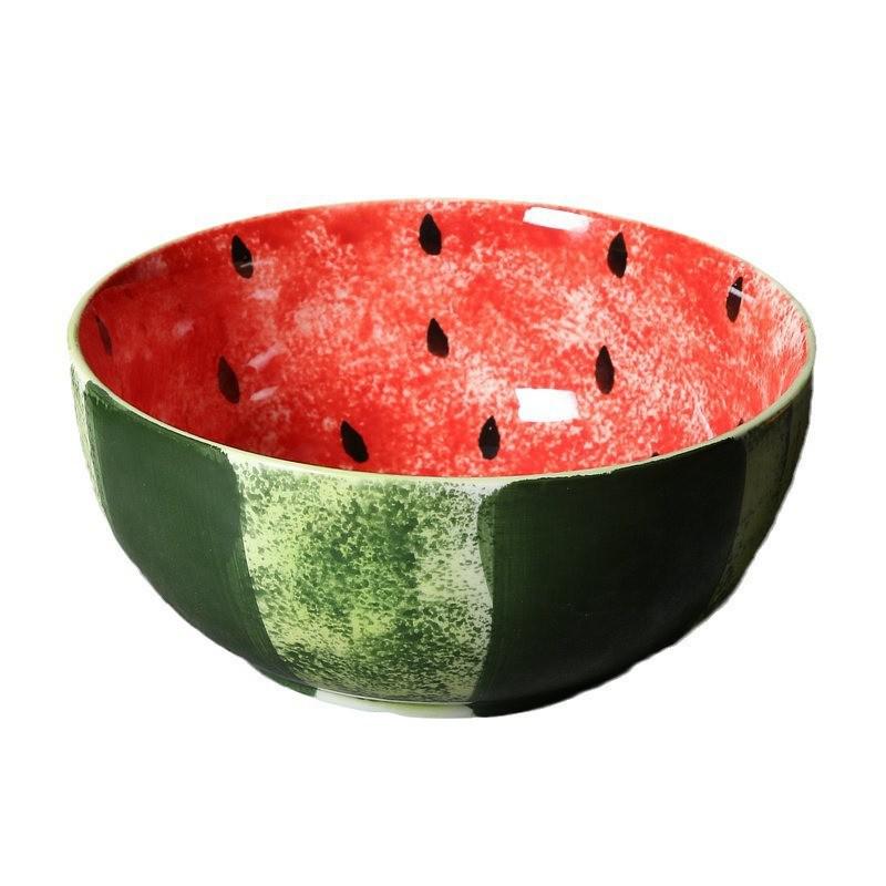 Hand-Painted Watermelon Design Large Ceramic Noodle Bowl with Underglaze Snails Pattern - Fresh, Deep & Stylish.