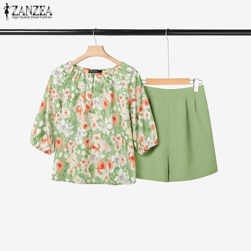 ZANZEA Women Half Sleeve Floral Blouse and Shorts Summer Two Piece Suit Sets
