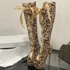 Sexy Leopard Runway Catwalk Knee Boot Women Fashion Open Toe Hollow Cross Tied Platform Boot Luxury Rivet Zip Design Summer Boot