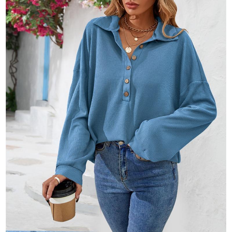 Plus Size Women's New Autumn Lapel Button Solid Color Long Sleeved Top