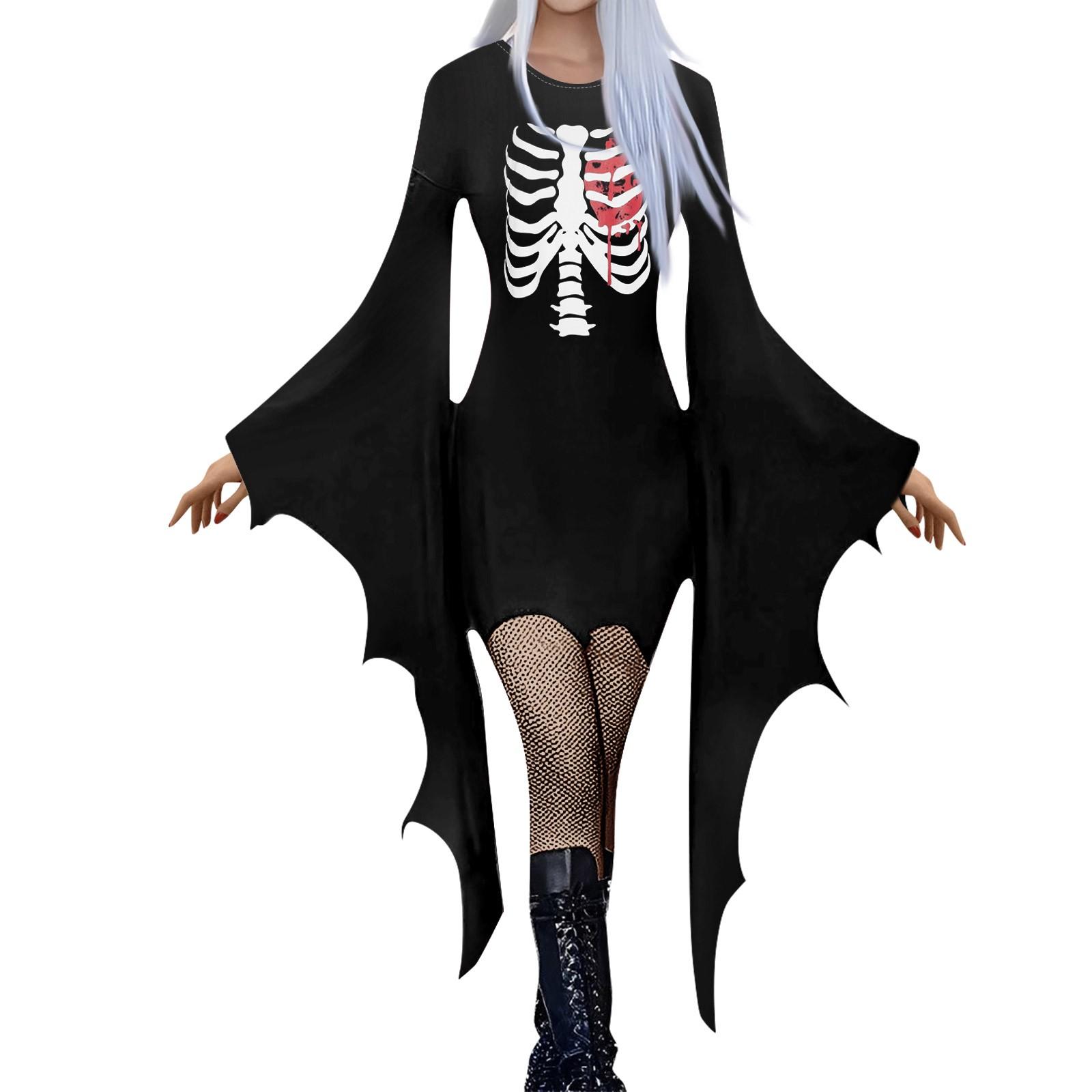 

Женская мода готический панк летучая мышь рукава Хэллоуин принт нестандартное вечернее платье M