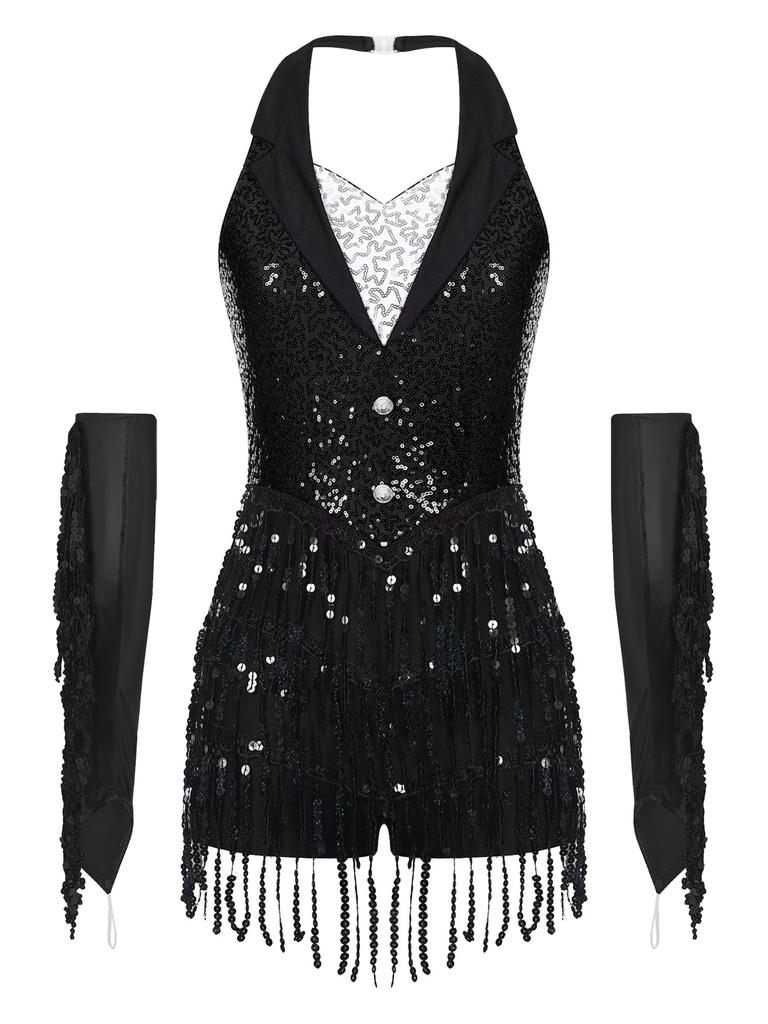 Womens Latin Dance Leotard Halter Sleeveless Backless Sparkling Sequins Tassel Design with Metallic Gloves Performance Wear