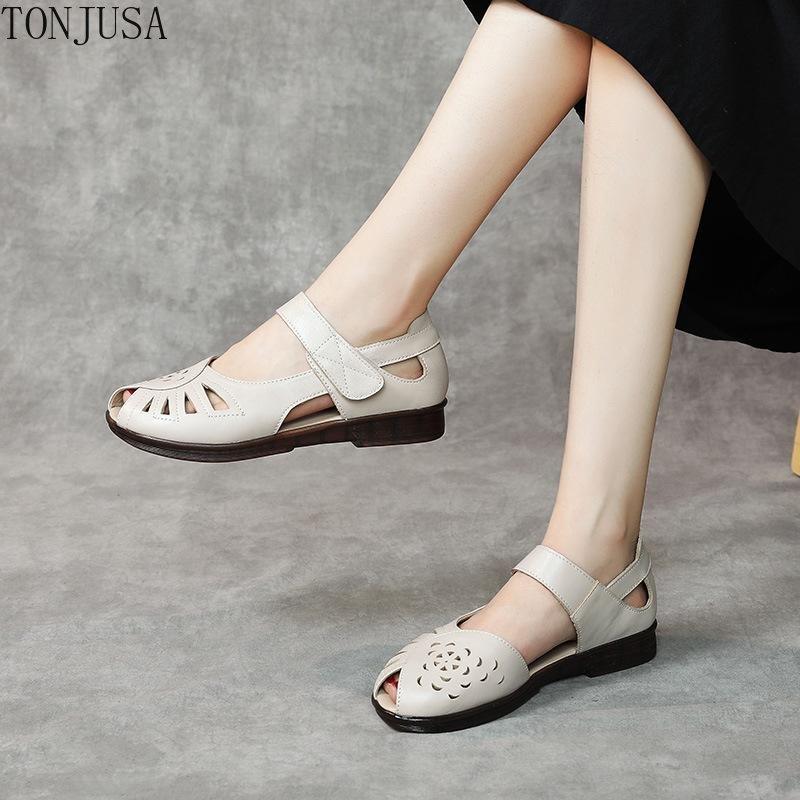 Középkorú Nők Divat Alkalmi Nyári Őszi Lapos Valódi Bőr Kerek Orrú Kivágott Szandál