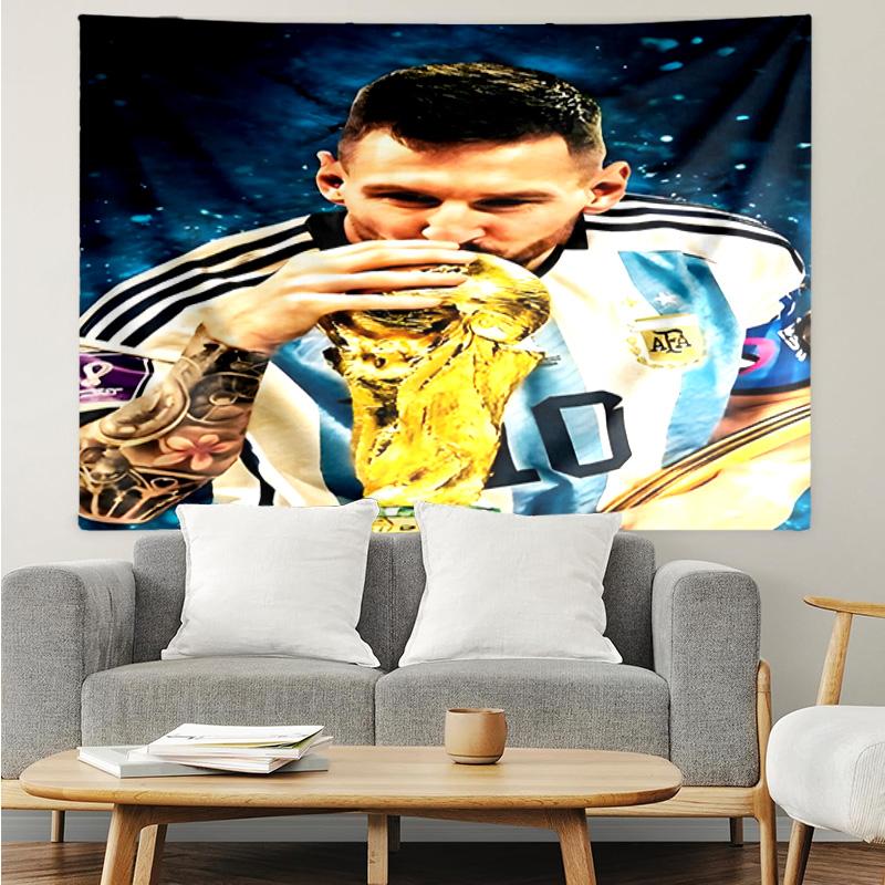 Lionel Messi With World Cup Trophy Tapestry Hanging for Bedroom,Livingroom, Playroom,Decor Art Room Wall Tapestry Holiday and Birthday Gifts