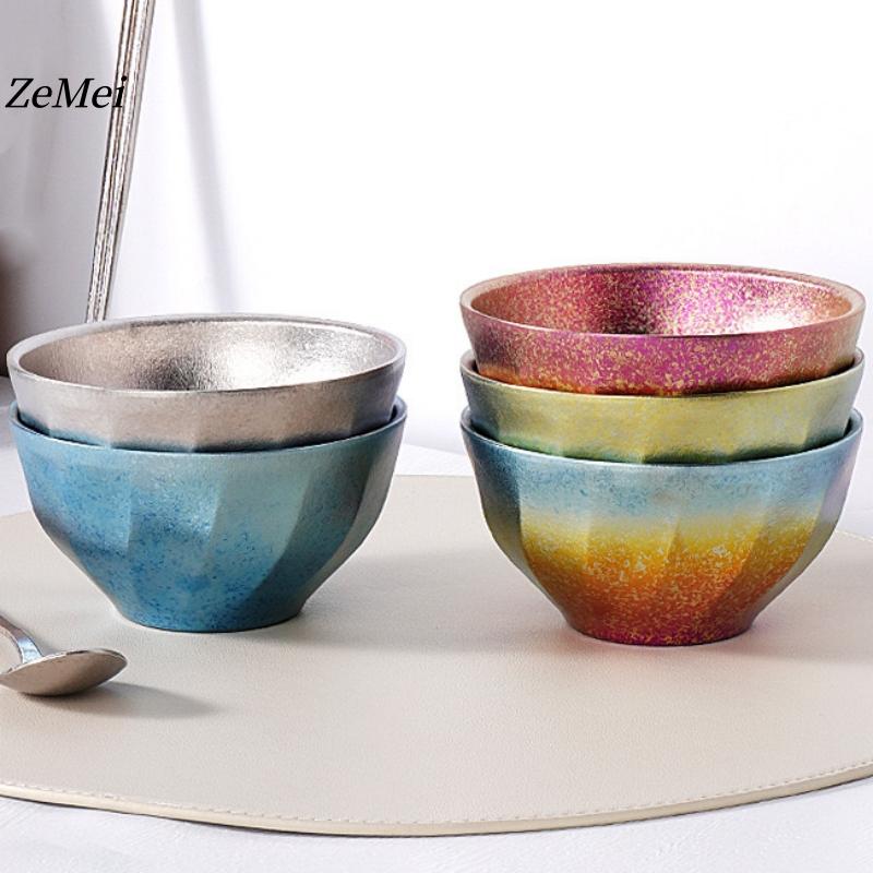 Pure Titanium Double-Wall Salad Bowl,Double-Layer Ice-Flake Cut Surface 12.5 cm Home Breakfast Bowl Food Tableware,Kitchenware