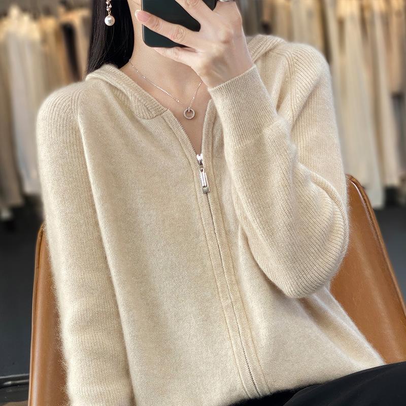 Zipper Long-sleeved Hooded Knitted Cardigan Women's Short Jacket Lazy Sweater Loose Casual Solid Color Top