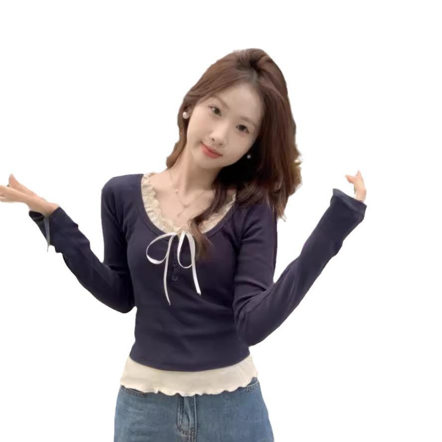 Podzim 2024 Dámské přiléhavé dvoudílné tričko s dlouhým rukávem, elegantní vrstvený vzhled