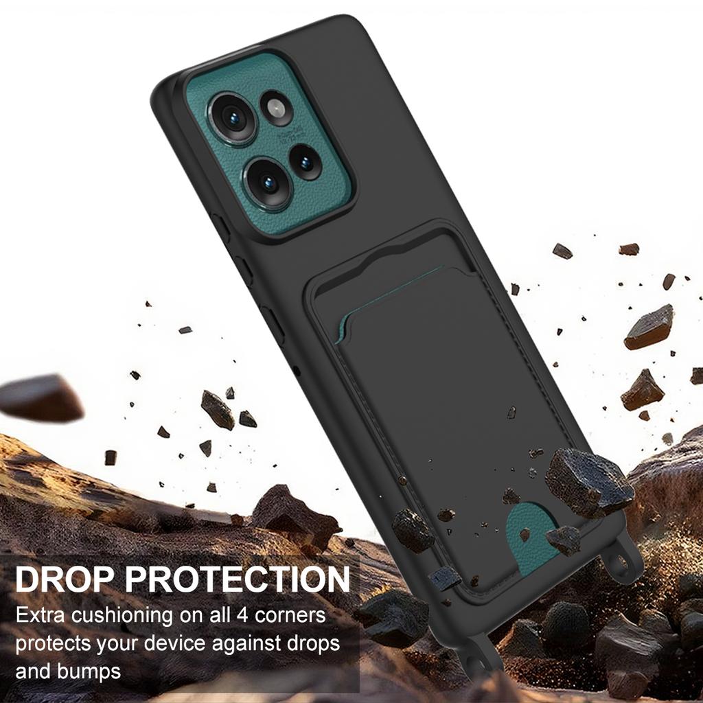 For Motorola Edge 50 5G Liquid Silicone Case Phone Back Cover with Card Holder and Short Strap