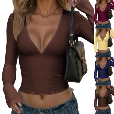 Bayanların Günlük ve Moda Düz Renk Uzun Kollu V Yakalı Temel Tişört Üst