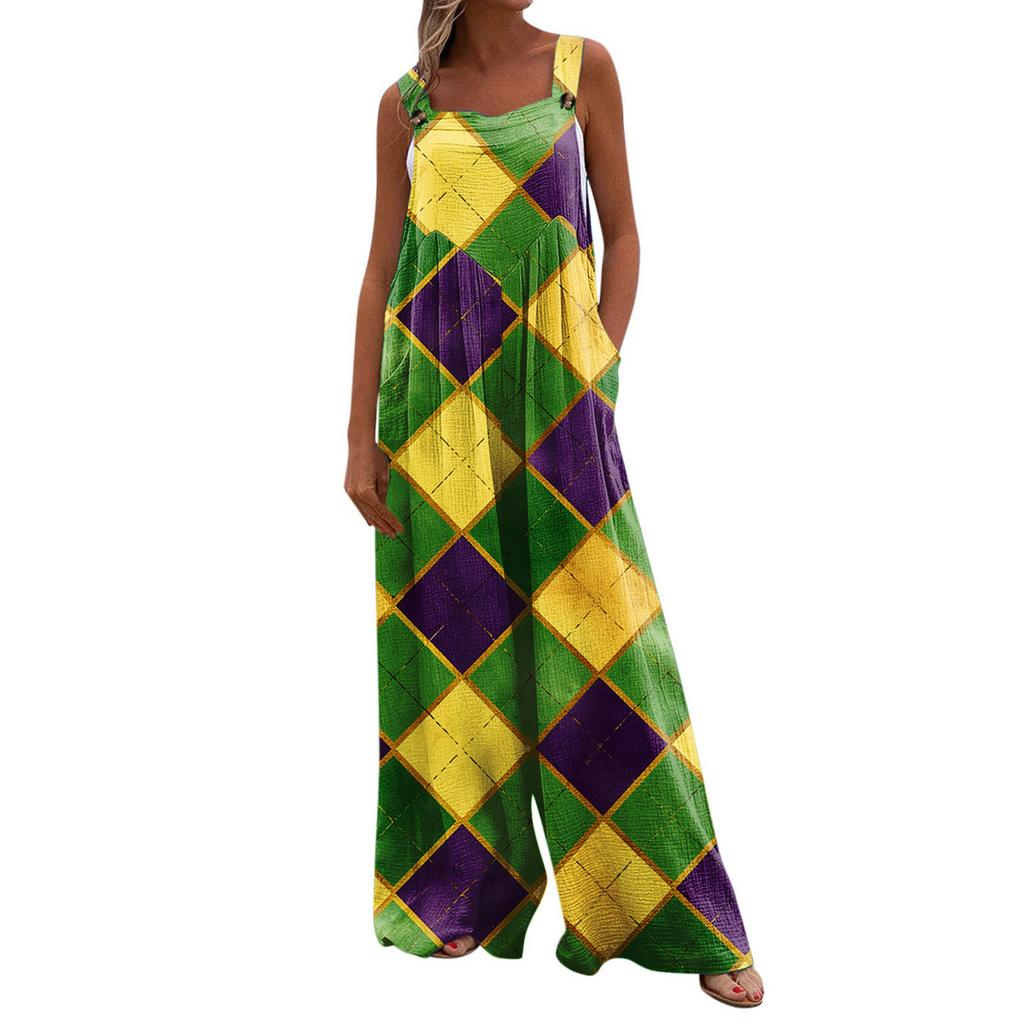 Wide Leg Overalls For Women Casual Loose Sleeveless Print Button Long Pant Romper Jumpsuit With Pockets