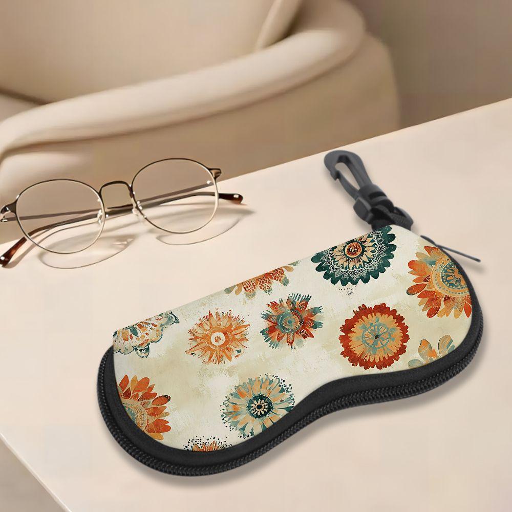 2D-Boho Floral Pattern Zipper Sunglasses Case, Vintage Mandala Print Eyewear Protective Box, Stylish Portable Spectacle Holder for Travel and Gift