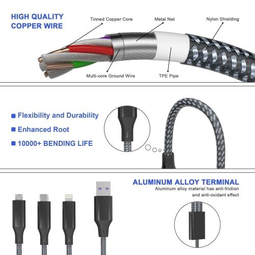 3in1 Charging Cable 3M Multi Charging Cable Nylon Braided Cord 6A Fast Charging USB Type C Cable Micro USB Cable Lightning Charging Cable Simultaneous