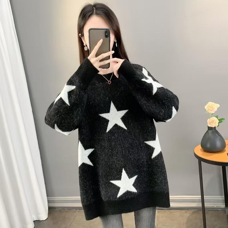 

Джинсовый воротник серый свитер женский осень и зима пятиконечная звезда дизайнерский нишевый пуловер с длинным рукавом свободный вязаный топ Average size