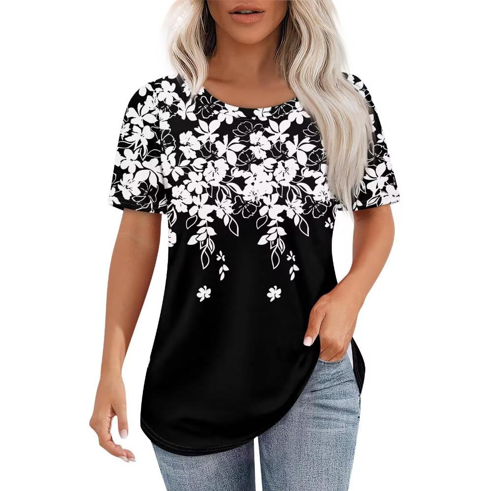 

Round Neck Short-sleeved Black and White Floral Print T-shirt Women s Clothing Casual Daily Wear M