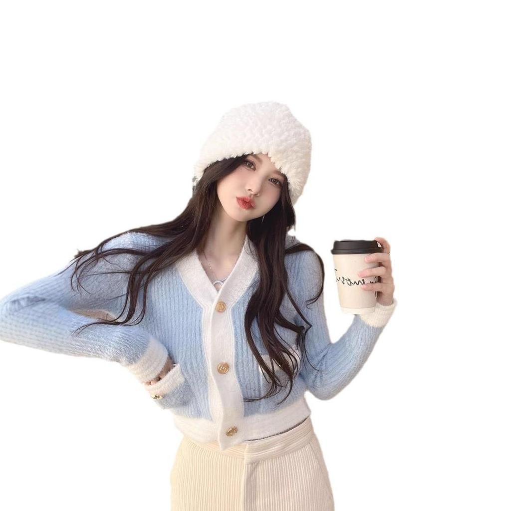 2024 Autumn V-Neck Patchwork Casual Women's Cardigan - Korean Style, Sweet Knitted Sweater