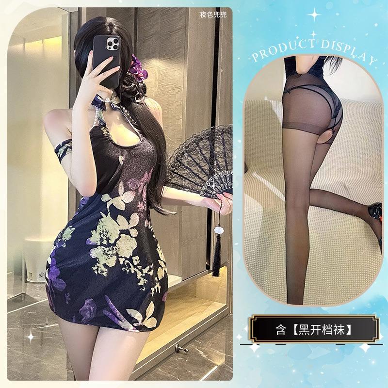 Sex Underwear Temperament Printed Cheongsam Retro Pan Mouth Side High Split Hollow Improved Cheongsam Antique and Sexy