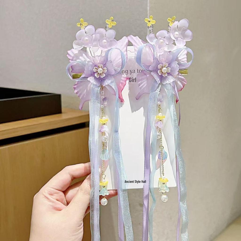 Ancient Style Hanfu Princess Butterfly Hair Clips with Long Ribbons - Children's Chinese Fairy Hair Accessories (Pair)