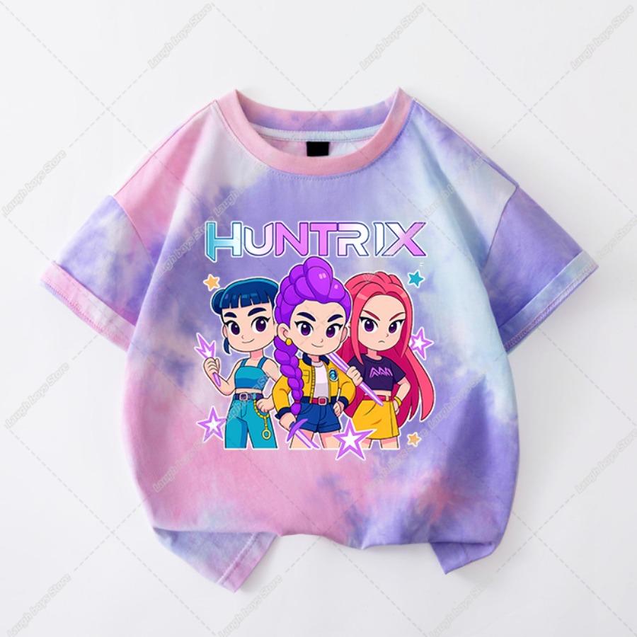 Kawaii KPop Demon Hunters Tie-dye T-shirt Girls Short Sleeve Tops Rumi Mira Zoey Printed Tee Shirts Summer Children's Clothing