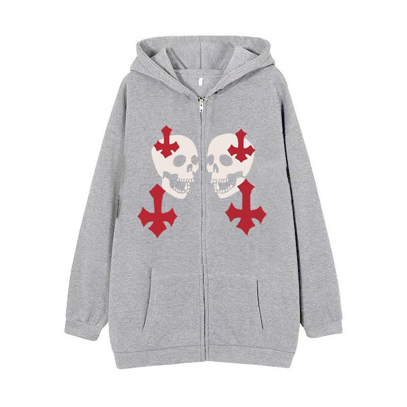 Cross-border new product spot skull wings hooded zipper sweater women's fleece thickened loose sports cardigan sweater women's