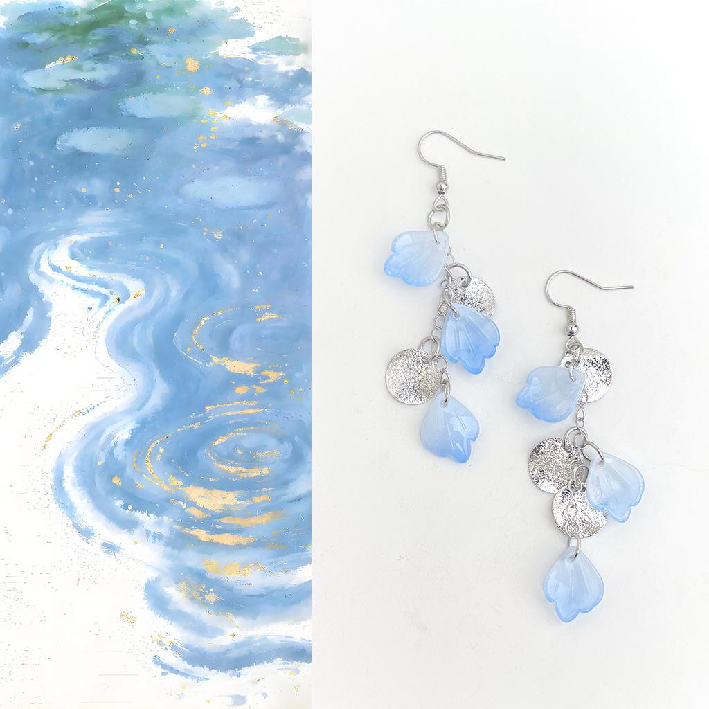 Gradient Blue Flower Petal Crystal Tassel Earrings - Cool, Elegant Seaside Vacation Style