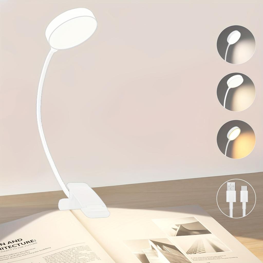 1 Reading Lamp, Led Reading Lamp with 3 Adjustable Brightness Levels, USB Rechargeable, Portable Bed Reading, Clip-On Lamp