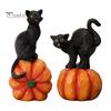 Black Cat Sculpture with Pumpkin Halloween Ornament, Vintage Wood Carving Style Indoor Holiday Tabletop Accents Resin Figurine, Spooky Decor for Home