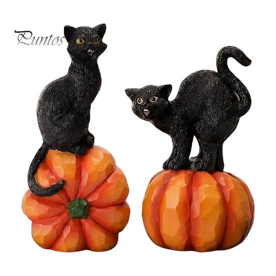 Black Cat Sculpture with Pumpkin Halloween Ornament, Vintage Wood Carving Style Indoor Holiday Tabletop Accents Resin Figurine, Spooky Decor for Home