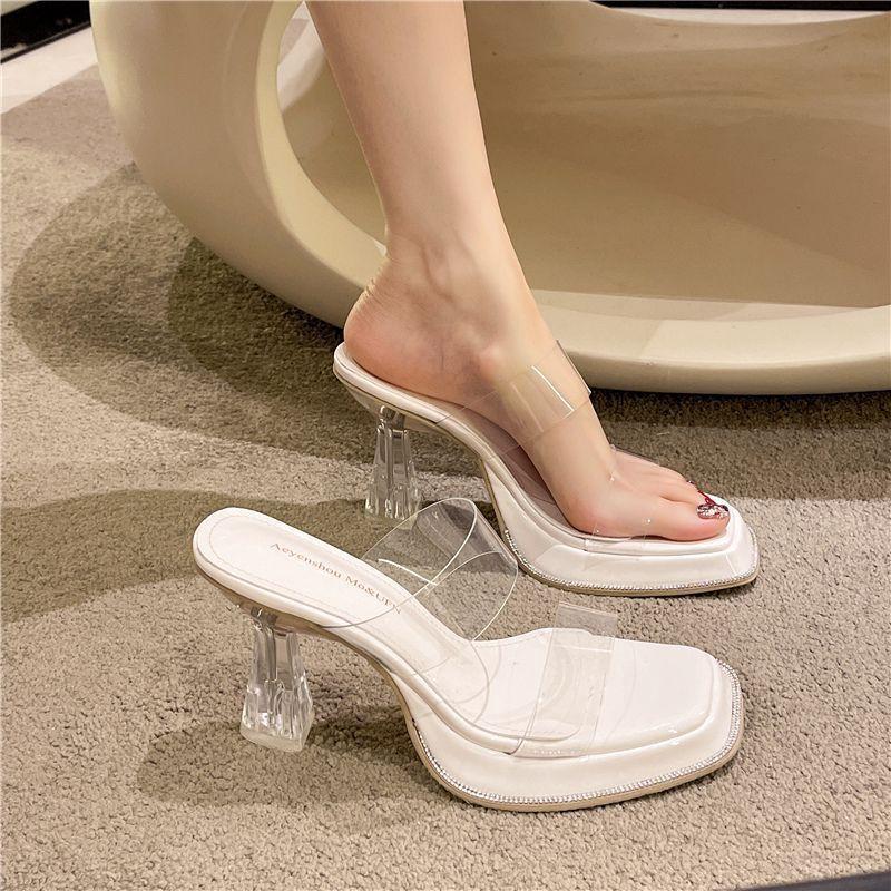  simple open-toed waterproof table thick-heeled sandals crystal belt one-word slippers women wear transparent summer